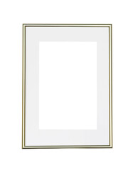 Realistic thin photo frame mockup. Simple, clean portrait large a3, a4 golden frame mock-up isolated on white background. Modern, minimal poster template. Vertical mount picture poster frame object 