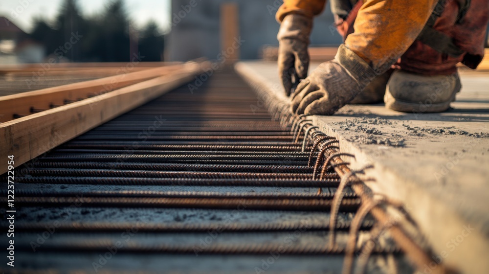 A close-up of a construction worker securing rebar with wire ties, with a concrete slab being prepared in the background, looking at the camera A close-up of a construction worker securing rebar with wire ties, with a concrete slab being prepared in the background, looking at the camera
