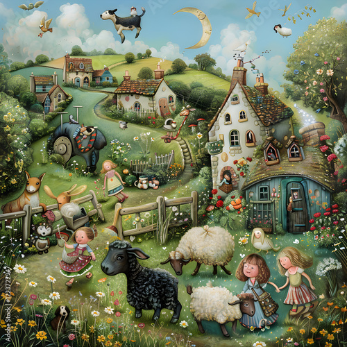 Whimsical Illustration of Classic Nursery Rhymes in a Playful Meadow Setting