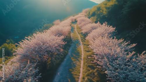 桜に包まれた山中の古道をドローンで描いた春の風景 photo