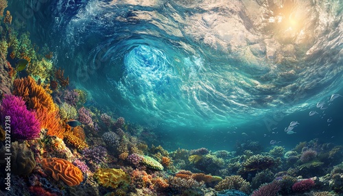 Vibrant coral reef teeming with life beneath a powerful, translucent ocean wave.  Sunlit underwater scene showcasing marine biodiversity.