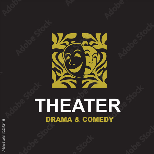 golden icon of comedy and tragedy theatrical masks isolated on black background