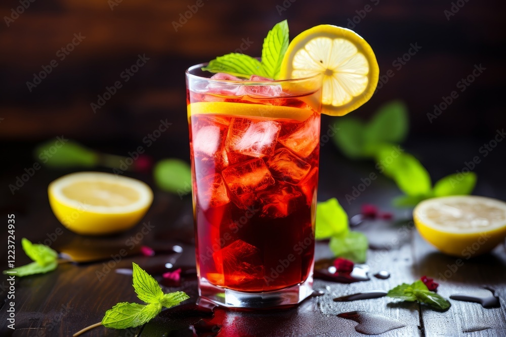 Refreshing summer beverage garnished with lemon and mint on a wooden table. Generative AI Refreshing summer beverage garnished with lemon and mint on a wooden table. Generative AI