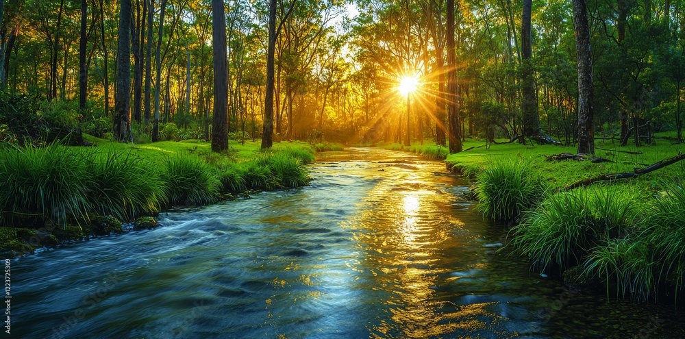 Fototapeta premium A serene view of a river winding through a lush grassland, surrounded by green trees and sparkling water, perfect for capturing the essence of peaceful forest park settings