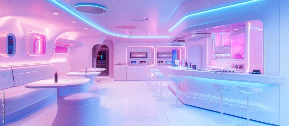 Fototapeta premium Futuristic Lounge: Neon-lit Bar and Seating Area