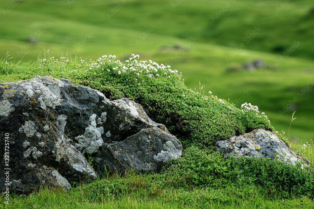 Lichen-covered rocks, nestled in vibrant green grass, adorned with delicate white wildflowers. Lichen-covered rocks, nestled in vibrant green grass, adorned with delicate white wildflowers.
