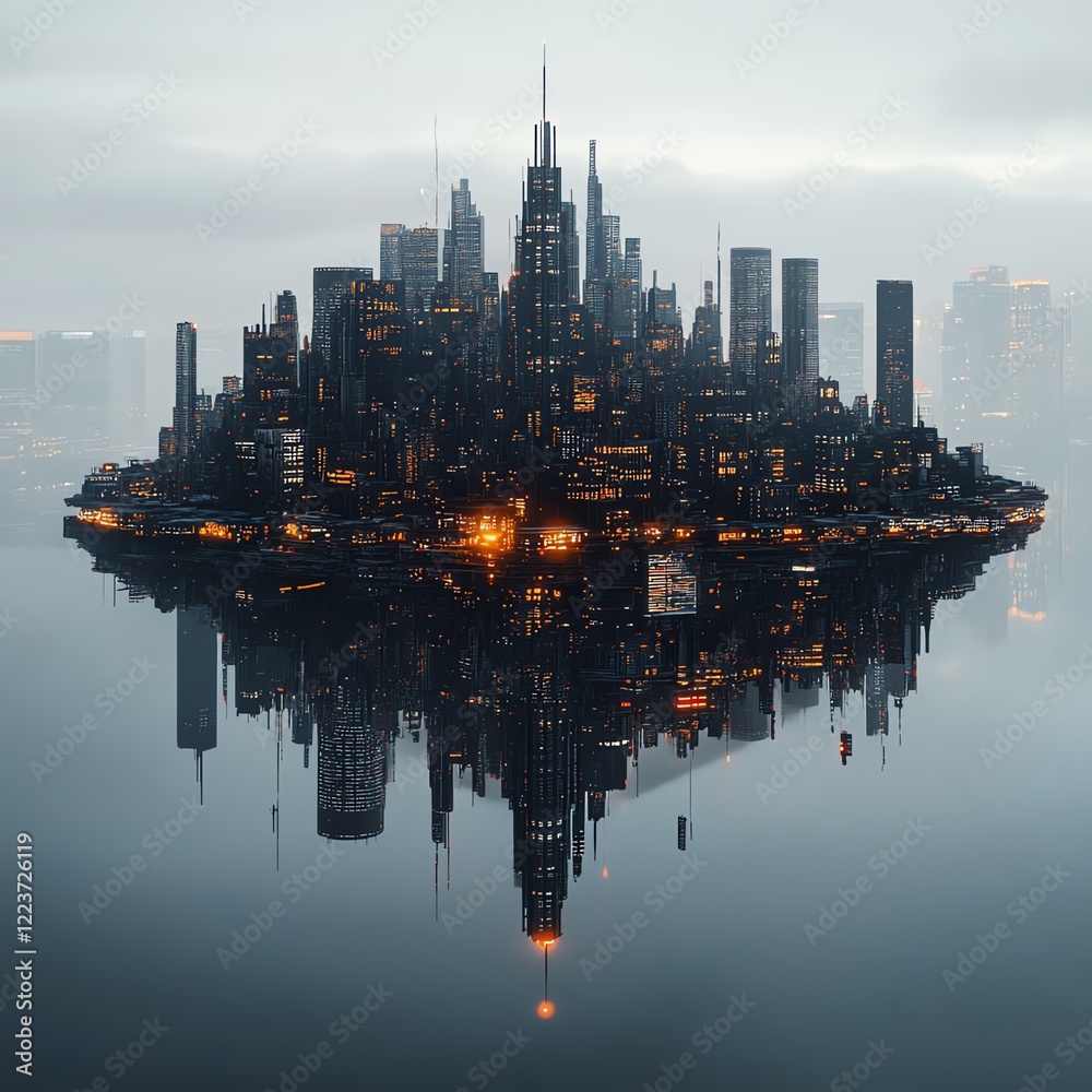 Naklejka premium Futuristic city island reflected in calm water at dawn. A digital art depiction of a modern metropolis on a secluded island.