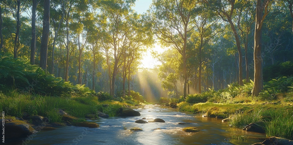 Fototapeta premium Calm imagery of a river meandering through a verdant landscape, dotted with green trees and pristine water, ideal for showcasing the tranquility of forest parks