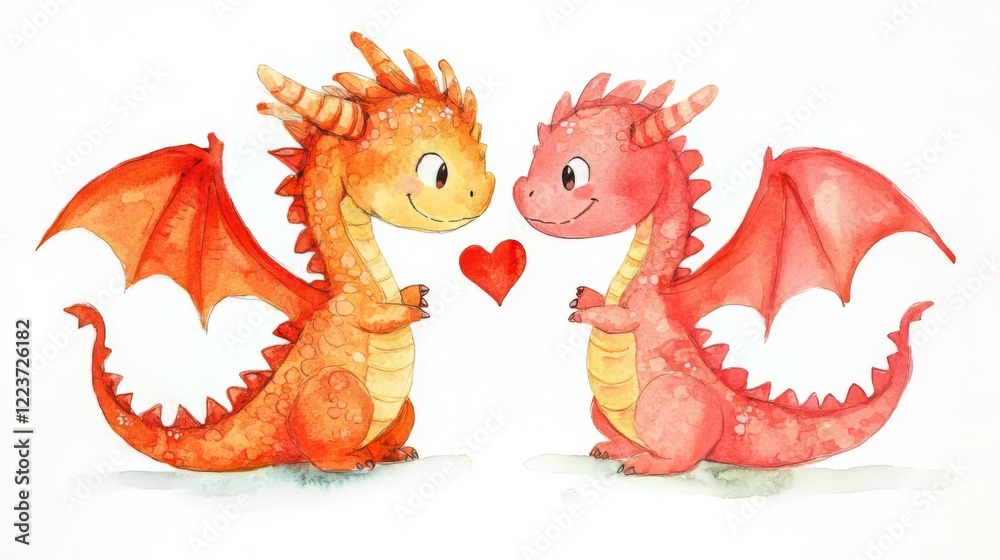 Two Cute Dragons in Love - Watercolor Illustration