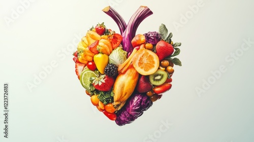 Fototapeta Naklejka Na Ścianę i Meble -  A surreal depiction of a human heart made up of various fruits and vegetables, set against a bright, white background