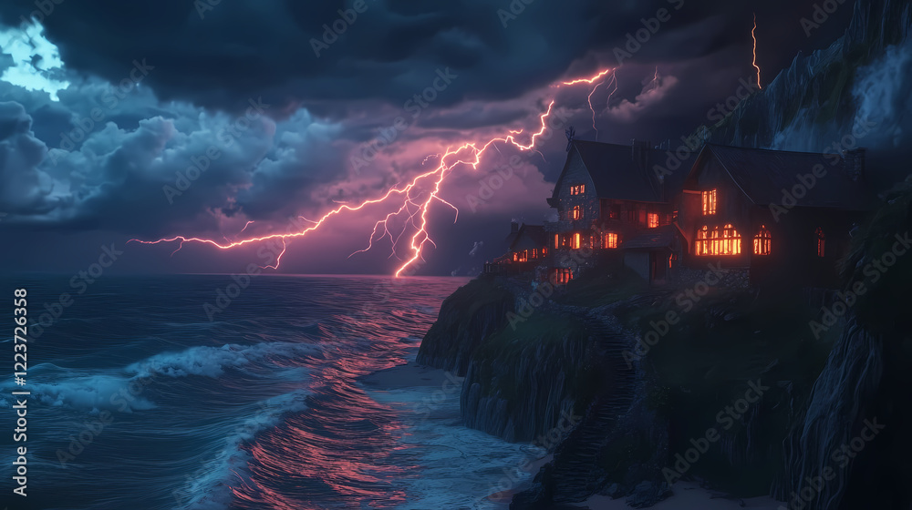Fototapeta premium Forked lightning hitting ocean near coastal village, dramatic waves and dark sky, 3d illustration. Thunder Shore. Illustration