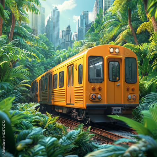 Yellow train travels through lush tropical jungle, skyscrapers in background.