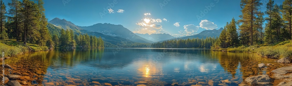 Obraz premium Panoramic View of Buntzen Lake surrounded by Canadian Mountain Landscape