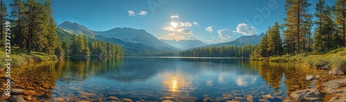 Panoramic View of Buntzen Lake surrounded by Canadian Mountain Landscape