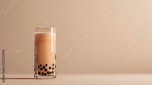 A refreshing glass of bubble tea, perfect for a warm day. The tapioca pearls add a delightful chewiness to the creamy beverage. photo