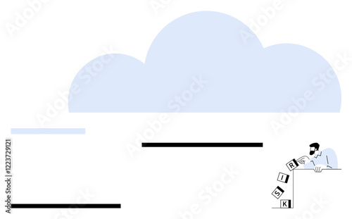Individual pushing blocks labeled RISK under a pale blue cloud shape. Ideal for business strategy, decision-making, risk management, operations, crisis handling, creative solutions, abstract line