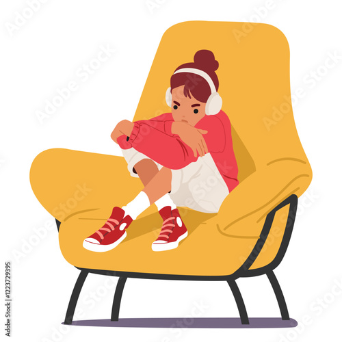 Punished teenage girl character wearing headphones feeling frustrated and angry sitting in armchair