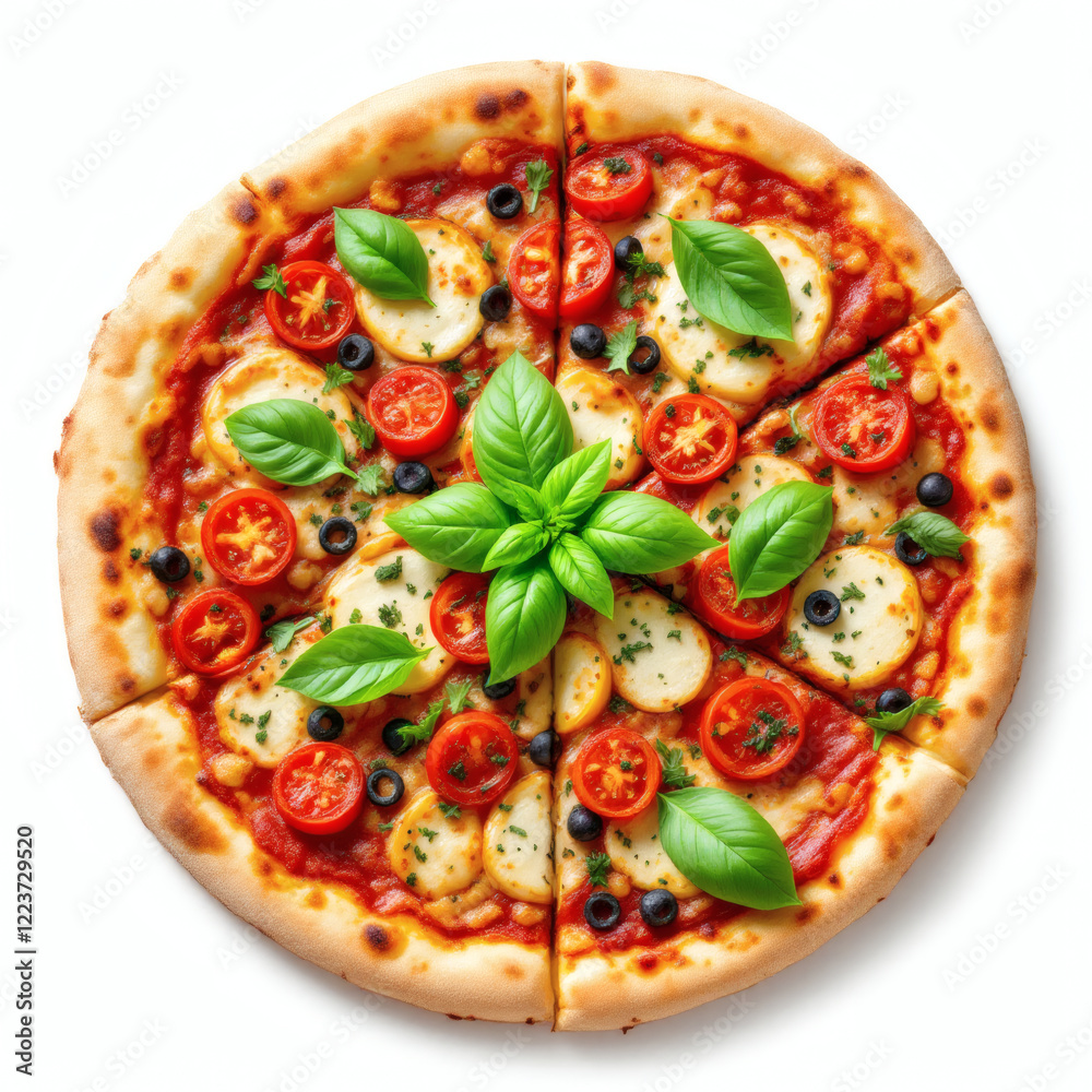 A mouthwatering vegetarian pizza topped with fresh basil, melted cheese, and ripe tomatoes, perfectly isolated on a white background. A mouthwatering vegetarian pizza topped with fresh basil, melted cheese, and ripe tomatoes, perfectly isolated on a white background.