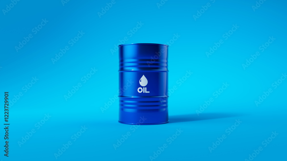 Single blue metal oil barrel on blue background. Front view. Oil industry concept. 3d render illustration Single blue metal oil barrel on blue background. Front view. Oil industry concept. 3d render illustration