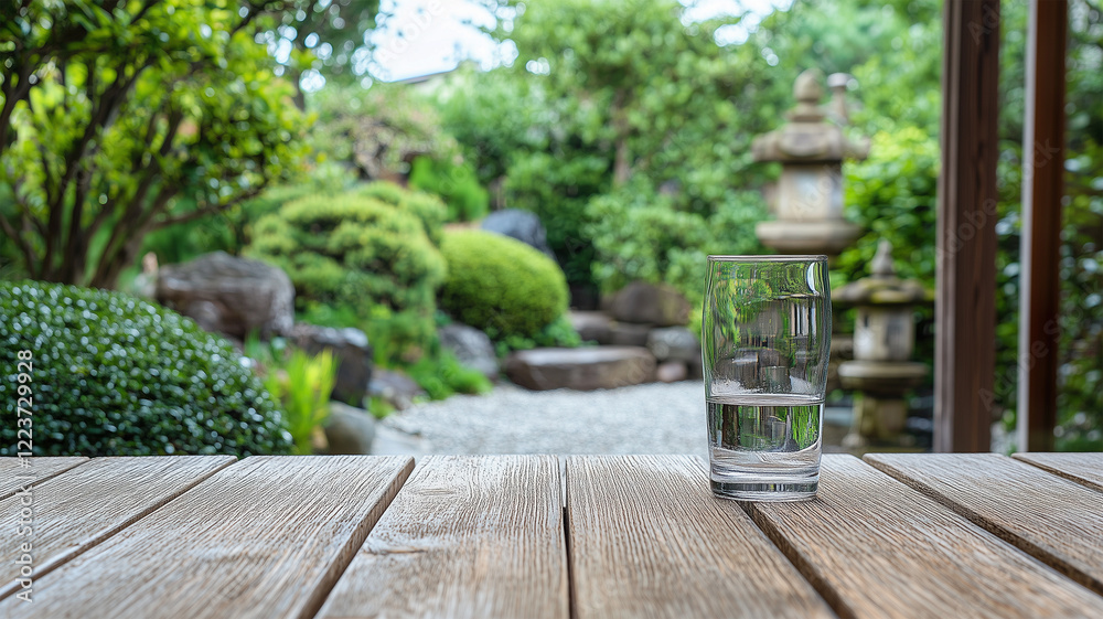 和庭園を望む縁側のテーブルと水入りグラスの美しい調和 和庭園を望む縁側のテーブルと水入りグラスの美しい調和