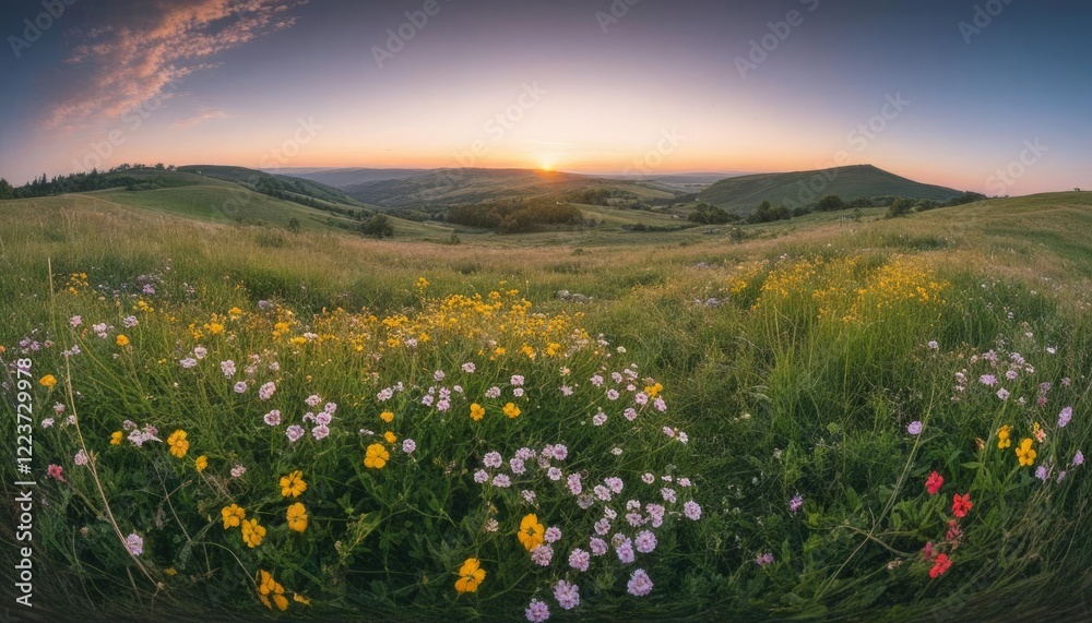 Fototapeta premium Sunset Glow and Blossoming Hills