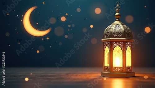 Golden Lantern Illuminates Ramadan Night Sky and Stars photo