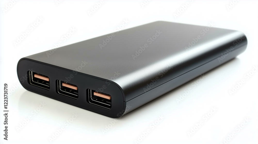 Photorealistic image of a compact black power bank with USB ports, isolated on a white background
Photorealistic image of a compact black power bank with USB ports, isolated on a white background