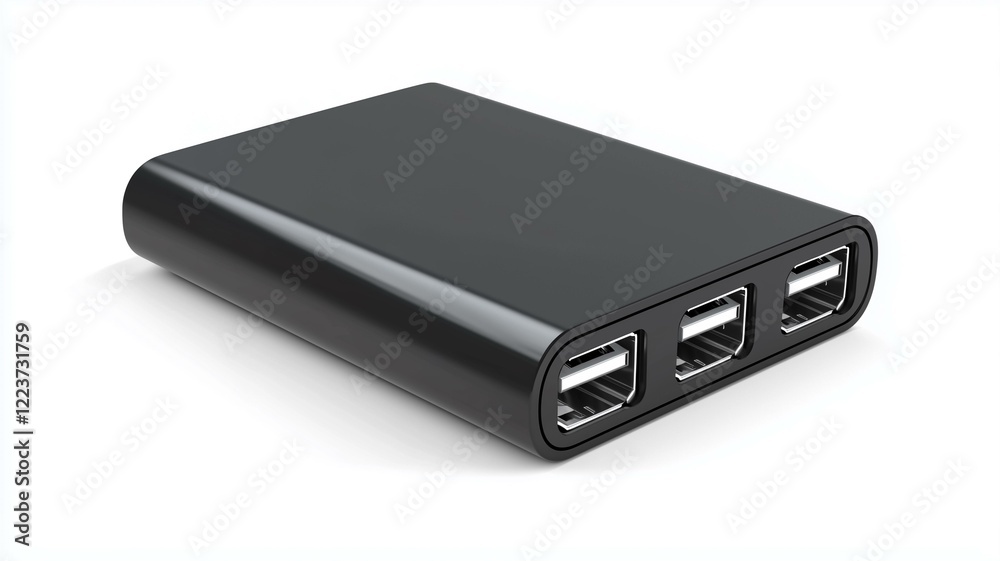 Photorealistic image of a compact black power bank with USB ports, isolated on a white background

