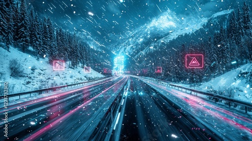 Futuristic scene of an avalanche blocking a high-tech highway, glowing warning signs and holographic barriers, sci-fi winter landscape photo