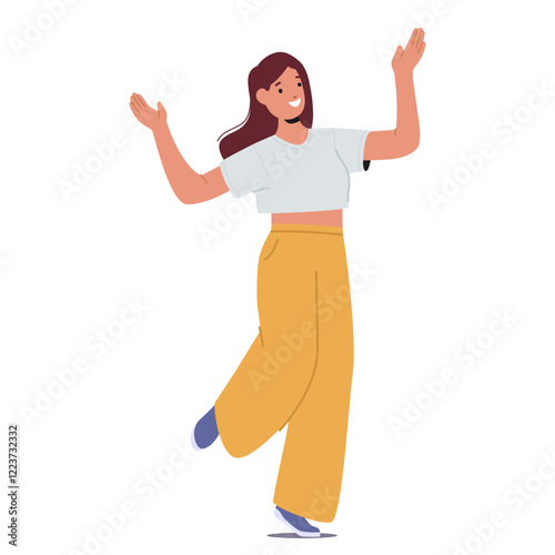 Young cheerful woman cartoon character feeling carefree and joyful dancing isolated on white