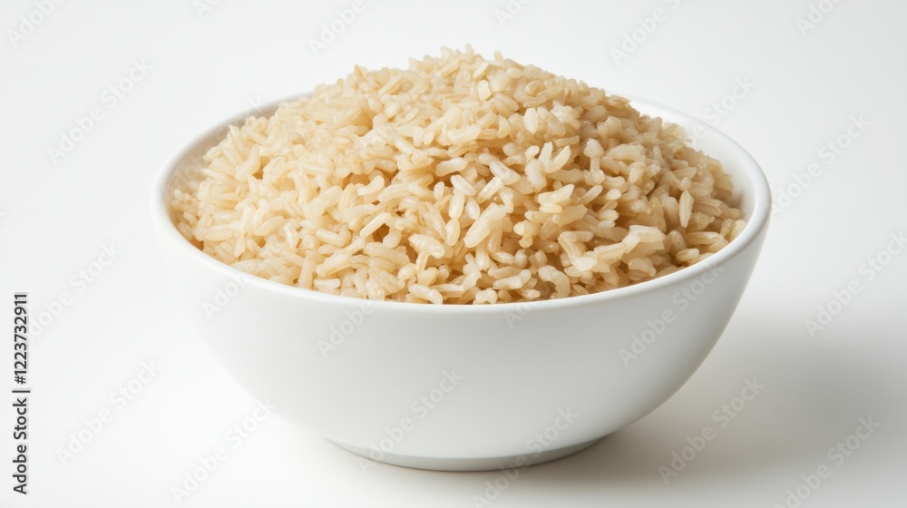 A clean and simple bowl of freshly cooked brown rice, neatly placed in a plain white ceramic bowl, Rice centered A clean and simple bowl of freshly cooked brown rice, neatly placed in a plain white ceramic bowl, Rice centered