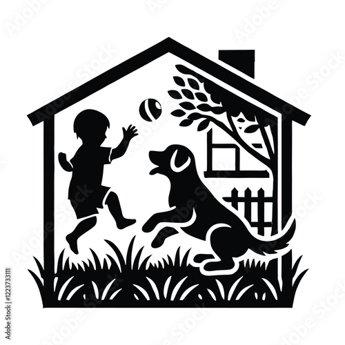 Child and Dog Silhouette in Backyard