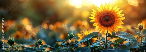 Sunflower on a blurred sunny nature background. Horizontal agriculture summer banner featuring a sunflower field