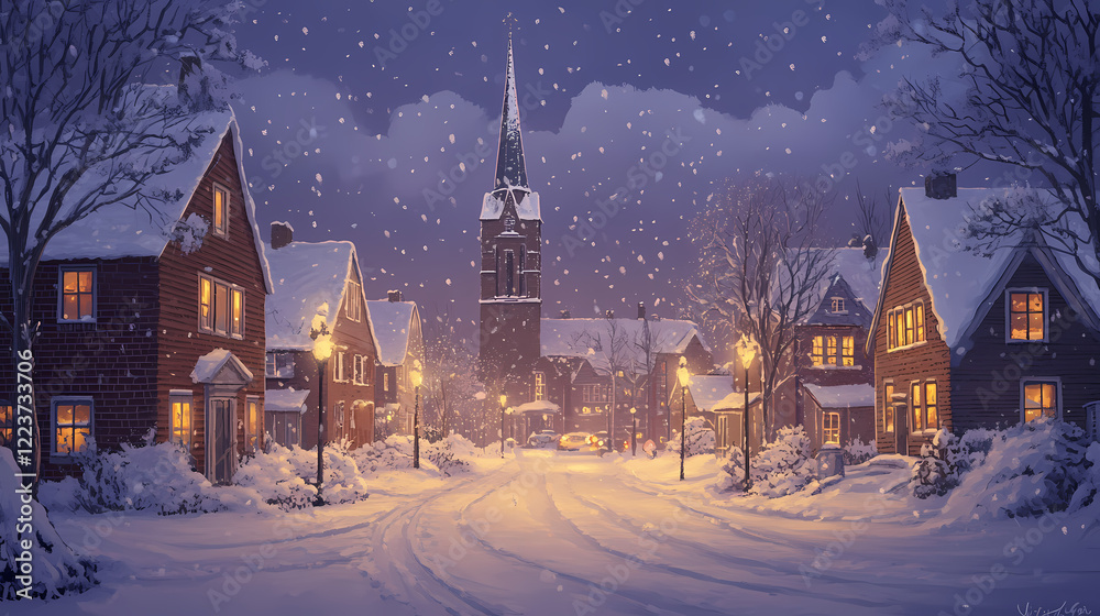 Fototapeta premium Snowy, winter coastal town at twilight with a tall church spire. Twilight Spire. Illustration
