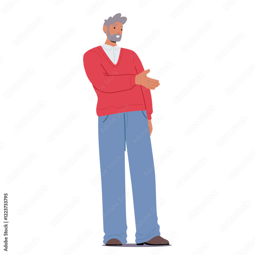 Senior man cartoon character offers hand to handshake showcasing greeting gesture or deal agreement Senior man cartoon character offers hand to handshake showcasing greeting gesture or deal agreement