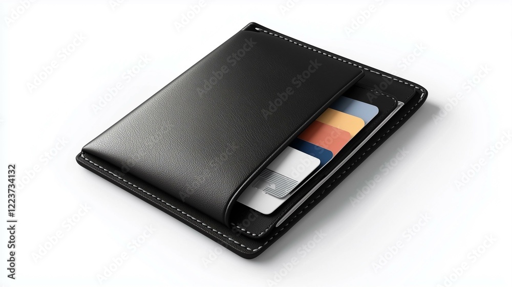 Ultra-realistic image of a black leather passport holder with card slots, isolated on a white background
Ultra-realistic image of a black leather passport holder with card slots, isolated on a white background
