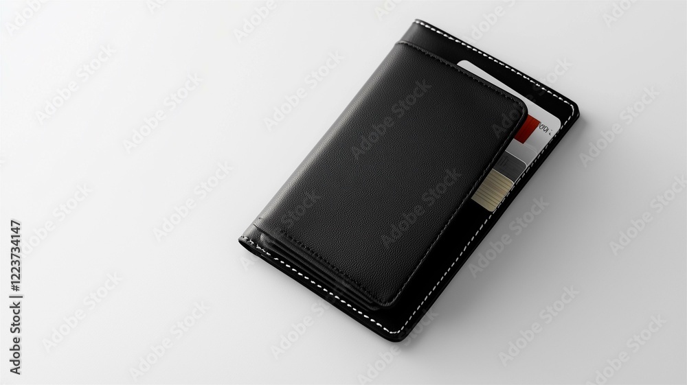 Ultra-realistic image of a black leather passport holder with card slots, isolated on a white background
Ultra-realistic image of a black leather passport holder with card slots, isolated on a white background