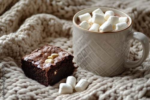 A mug of hot chocolate with marshmallows, paired with a warm brownie on a cozy knit blanket photo