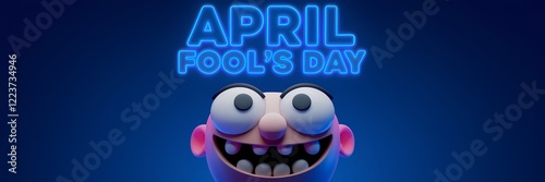 A creative minimalist April Fool's Day poster design with a neon theme. The text 