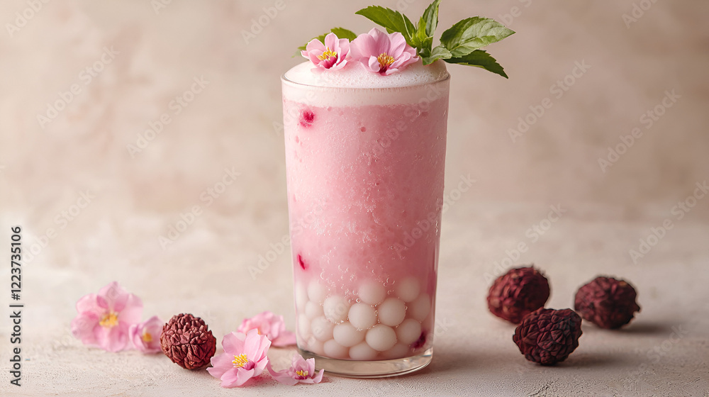 Refreshing pink beverage with boba pearls and delicate flowers, perfect for a warm day. Refreshing pink beverage with boba pearls and delicate flowers, perfect for a warm day.