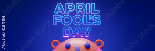 A 3D render of a creative minimalist April Fool's Day poster design with a neon theme. The text 