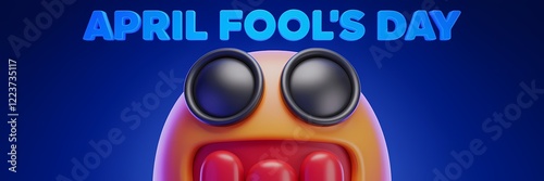 A 3D render of a creative minimalist April Fool's Day poster with a neon theme.The text 