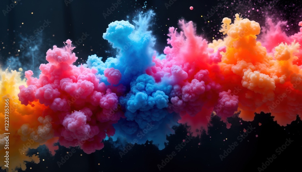 Colorful neon inks explode in dynamic display on dark background. Vibrant hues of blue orange pink purple, red swirl in mesmerizing flow. Abstract patterns emerge from liquid ink explosion. Motion