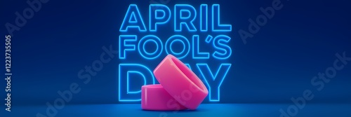 A creative minimalist April Fool's Day poster design with a neon theme. The text 