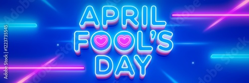 A creative minimalist April Fool's Day poster design with a neon theme. There is a 3D render of the text 