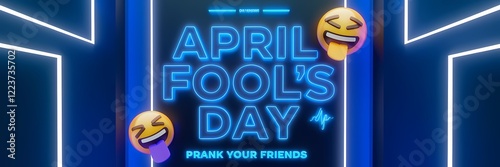 A creative minimalist 3D render neon theme April Fool's Day poster design. The poster has a large text that says 