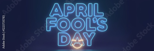 A 3D render of a creative minimalist April Fool's Day poster design with a neon theme. The text 