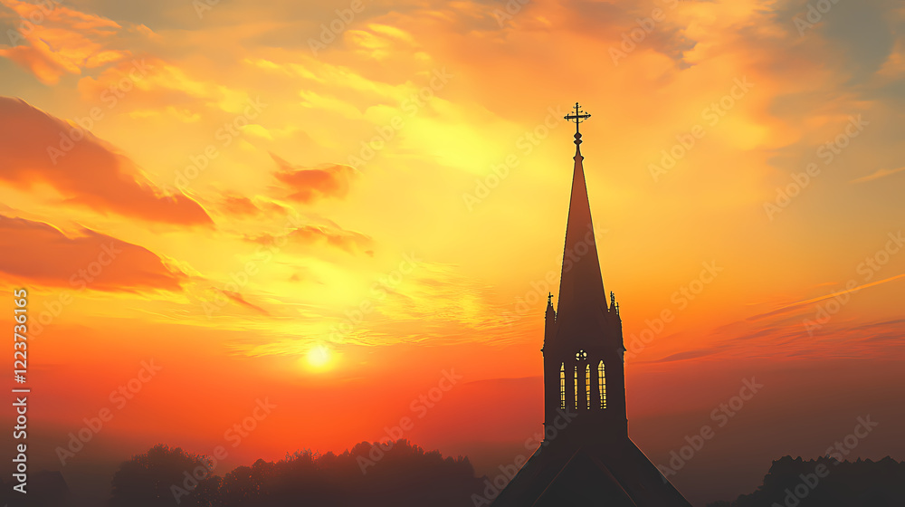 Fototapeta premium A church spire against a golden sunset sky. Twilight Spire. Illustration