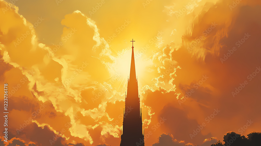 Fototapeta premium A church spire against a golden sunset sky. Twilight Spire. Illustration