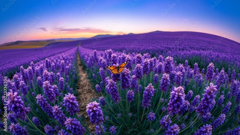 Fototapeta premium Butterfly and Blooming Lavender Sunset